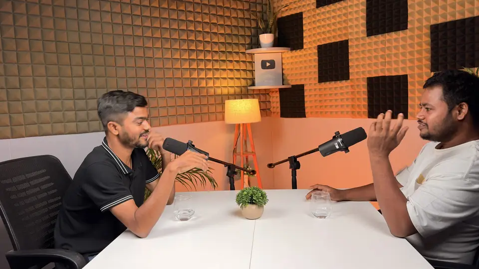 Podcast guest speaking into a Shure SM7B microphone